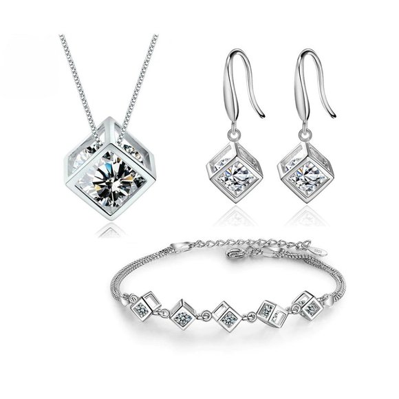 NEW [Set of 3] 925 Sterling Silver Diamond Cube